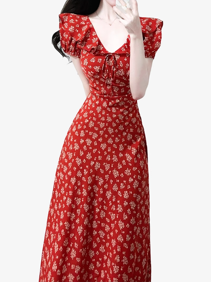 2025 Summer New Red Floral Tea Break Ruffled V-Neck French Waist Dress R0918