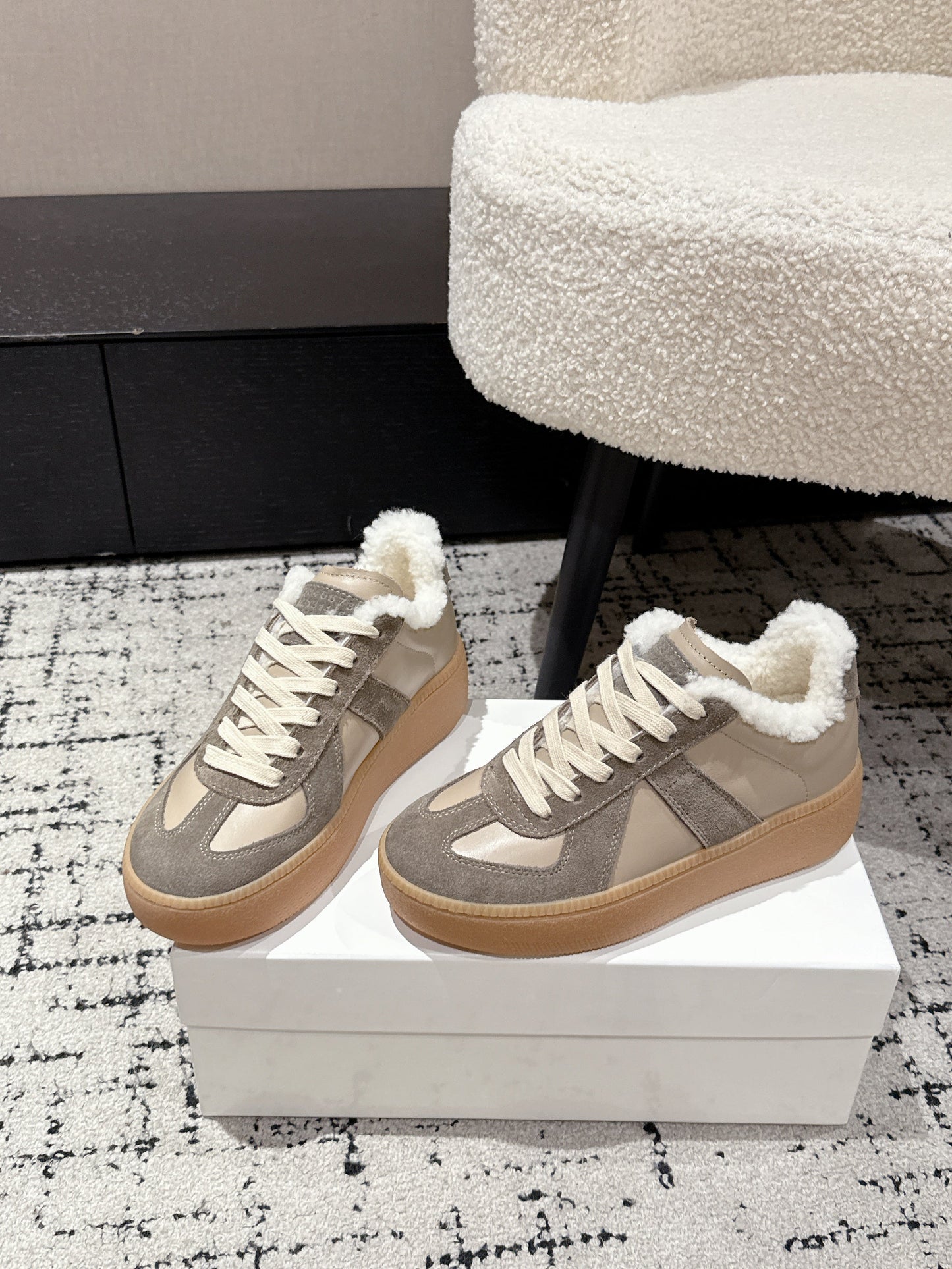 MM Platform German Training Shoes 50mm Warm Taupe Suede Sheepskin Fur 558417