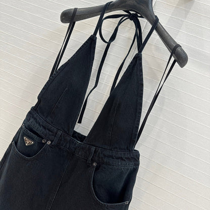 Prada 25 Halter Ntube Top Suspender Jumpsuit Black Cotton