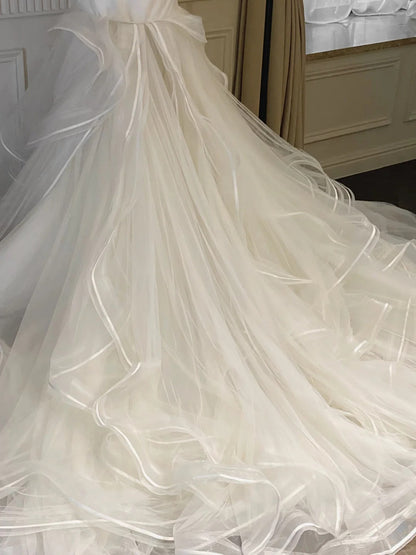 Sweet White Mermaid Bow Satin Tulle Wedding Dress with Train P4092