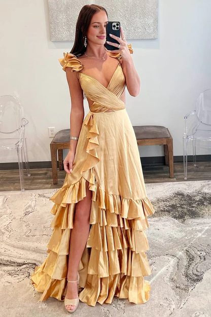 Liymcdress Red Cutout Ruffle A-Line Fashionable and Beautiful Long Prom Dress with Slit