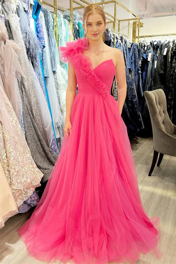 omberprom Elegant A-Line One Shoulder Long Tulle Prom Dress with Ruffles
