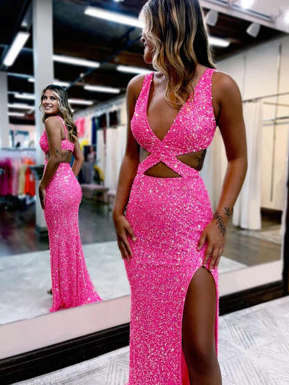 omberprom Mermaid Evening Dress V Neck Sequins Prom Dress with Slit
