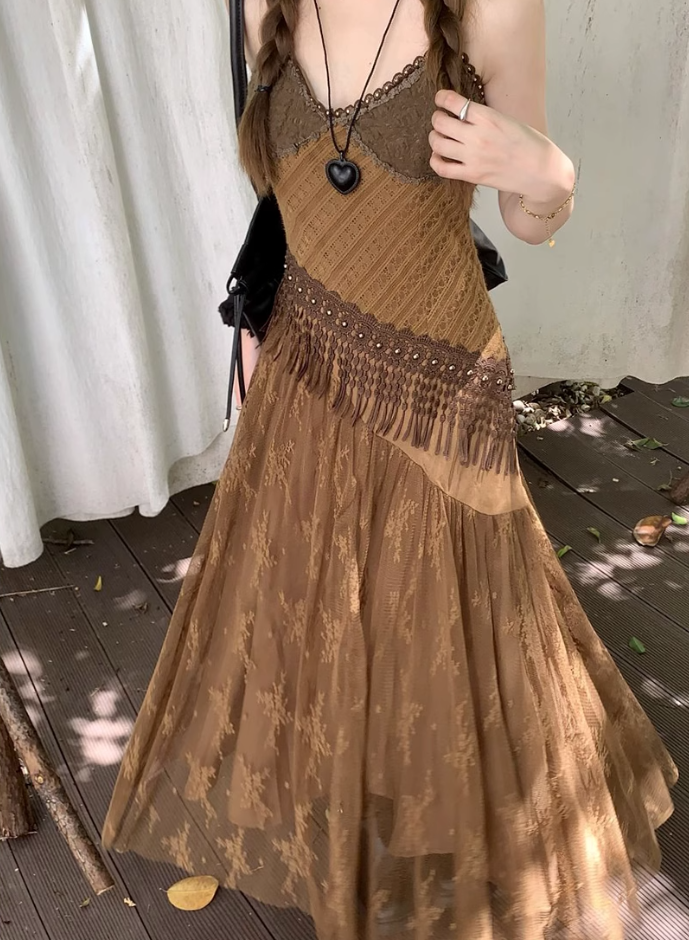 Fairy travel outfit retro ethnic style suspender long skirt v-neck dress R1741