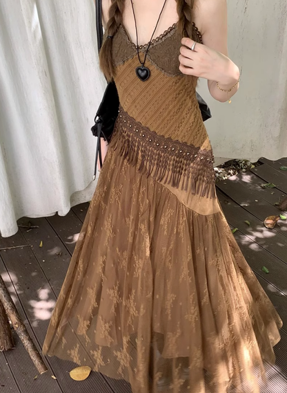 Fairy travel outfit retro ethnic style suspender long skirt v-neck dress R1741