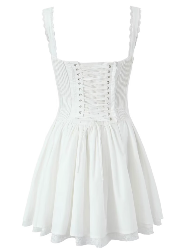 2025 Summer New White Fishbone Ballet Hottie Short A-line Suspender Dress R0974