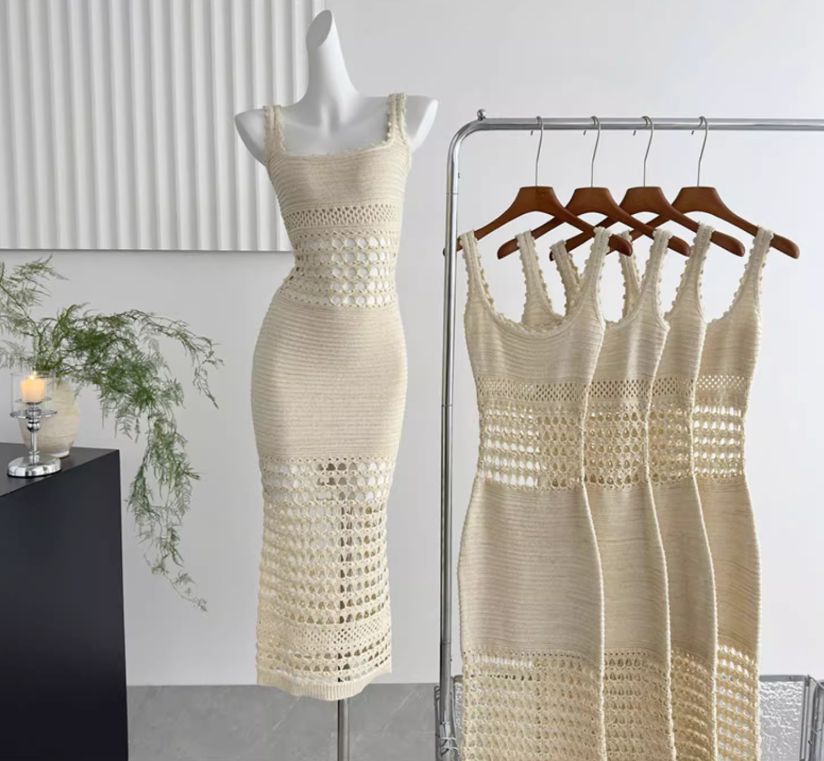 Bright silk knitted sexy hollow long skirt hip-wrapped fine glitter suspender dress for women R0286