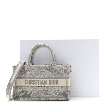 Canvas Embroidered Toile De Jouy Reverse Mini Book Tote With Strap Grey