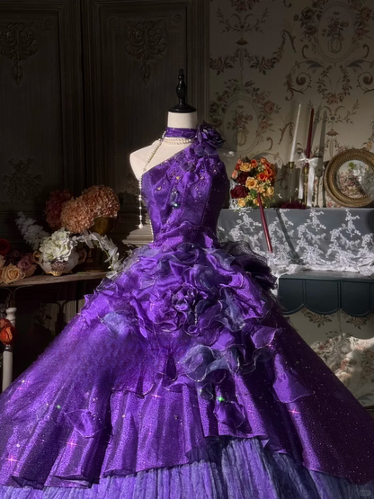 Vintage Purple One-Shoulder Ruffled Ball Gown Glitter Tulle Floral Embellished Formal Dress TP5130