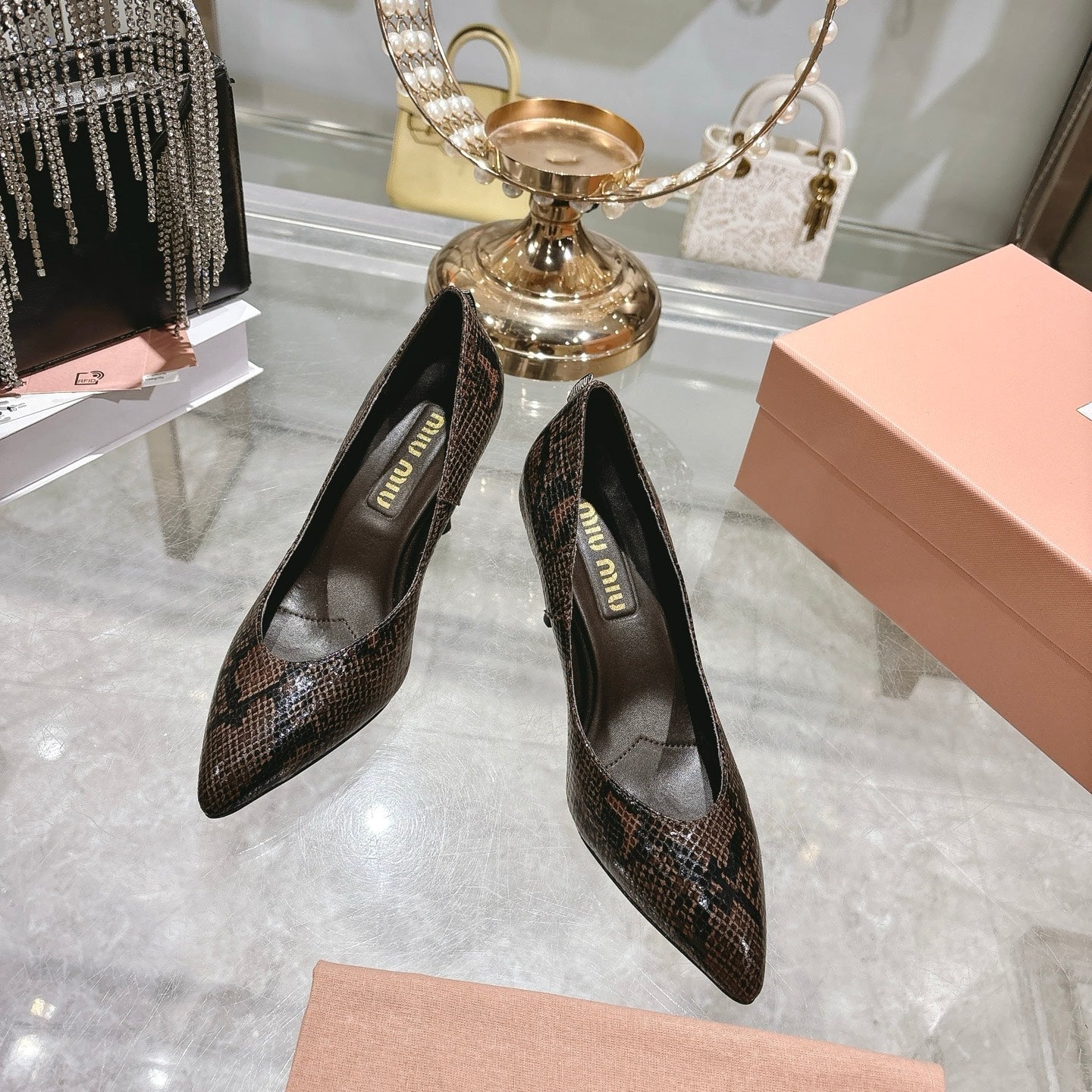 Miu High Heel Pumps Brown Black Snakeskin 592075