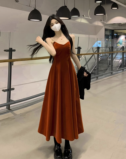 Fairy French retro velvet suspender skirt slim fit waist long skirt dress R1722