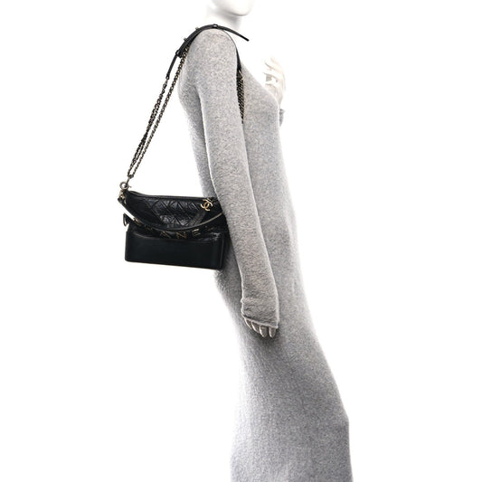 Aged Smooth Calfskin Quilted Medium Gabrielle Logo Hobo Black