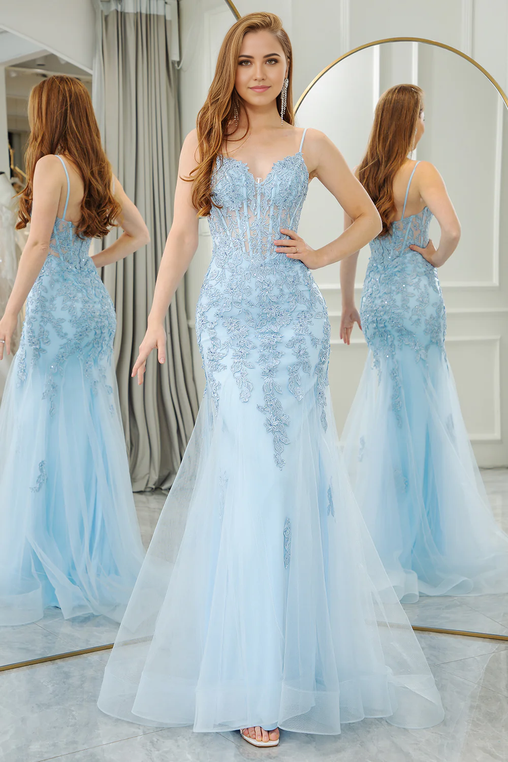 omberprom Prom Dress Light Blue Long Corset Mermaid Evening Dress Appliqued With Slit