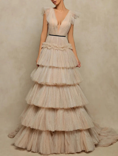 omberprom A-Line Prom Dresses Elegant Dress Prom Sweep / Brush Train Sleeveless V Neck Tulle V Back with Ruffles