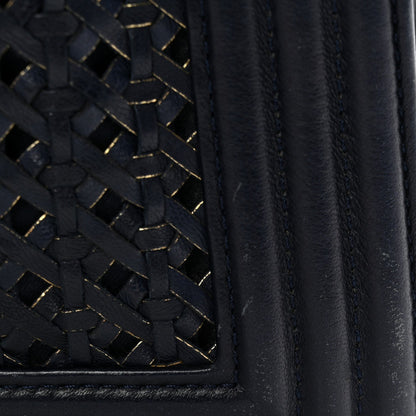 Lambskin Braided Woven Medium Boy Flap Navy Black