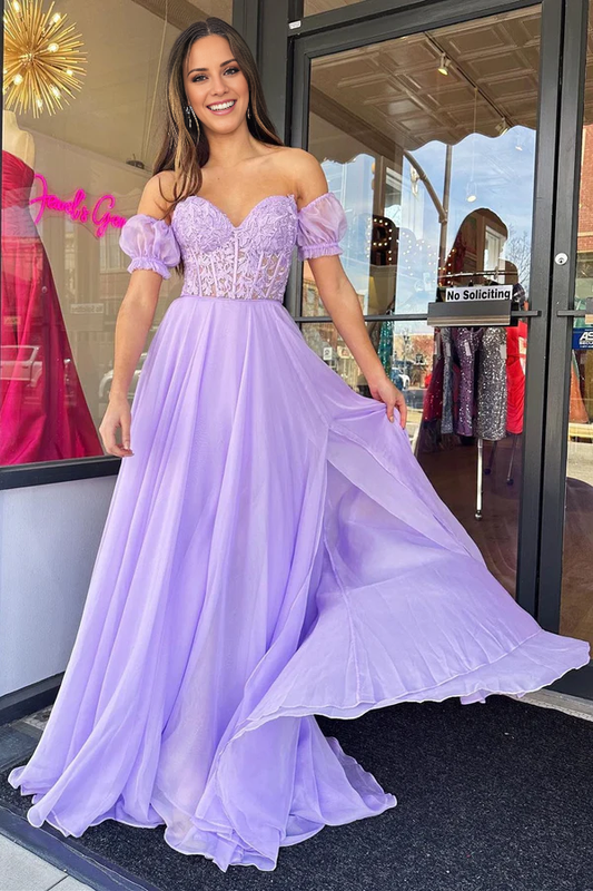 omberprom Elegant A line Sweetheart Chiffon Prom Dress with Puff Sleeves