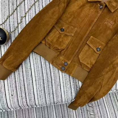Miu Miu 25 Suede Short Coat Brown Yellow 302344