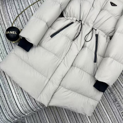 Prada 2025 Drawstring Waist Hooded Jacket Ivory Down Polyester