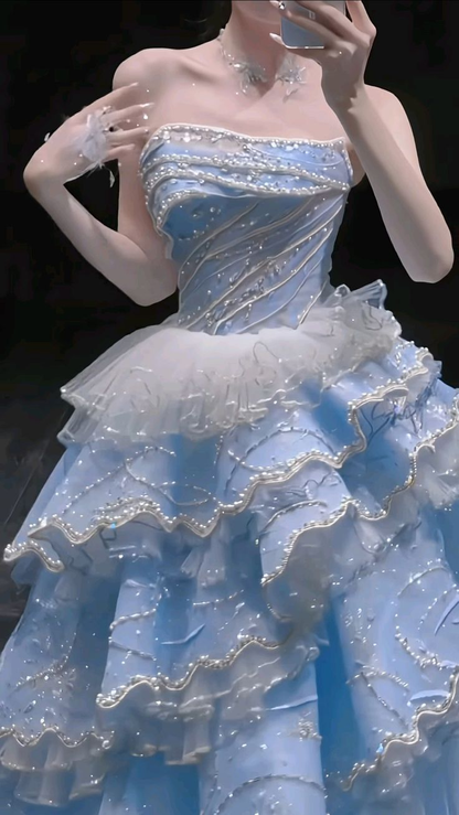Charming Strapless Blue Tulle Beaded Layered Ball Gown Formal Birthday Party Dress