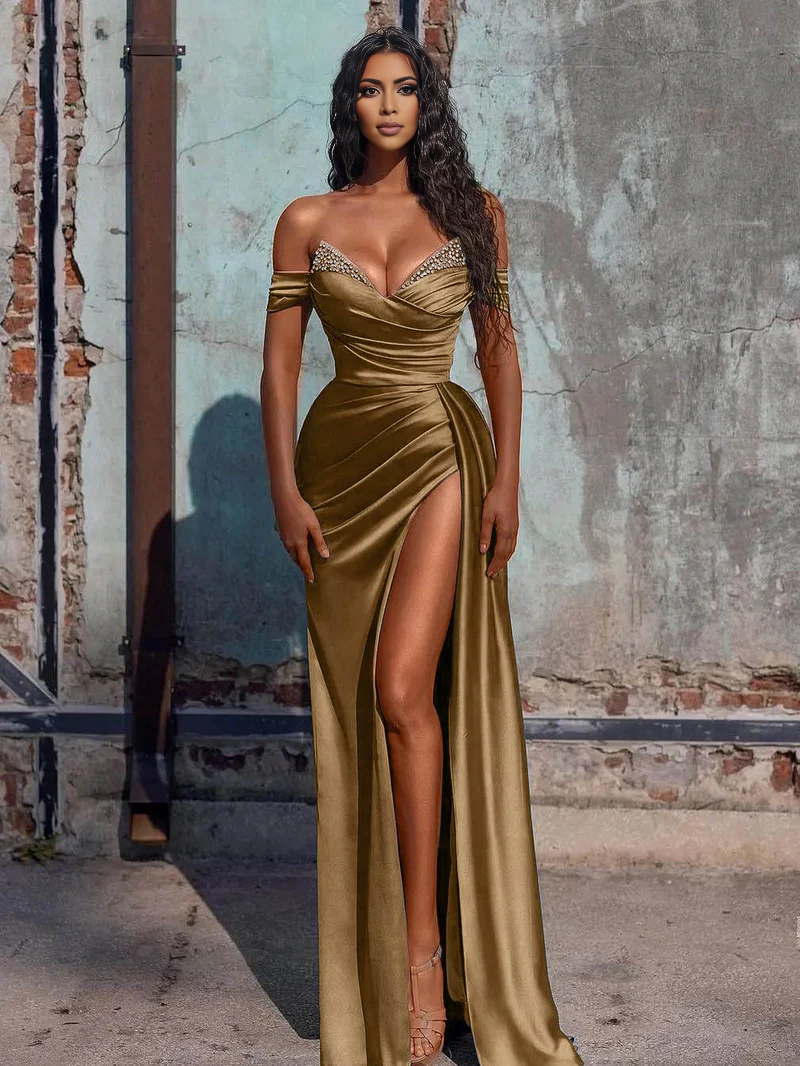 omberprom Fashion Mermaid Evening Dress Satin Long Prom Dress with Slit