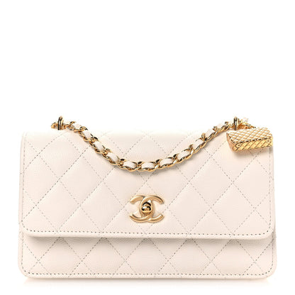 Shiny Caviar Quilted Flap Charm Wallet On Chain WOC White