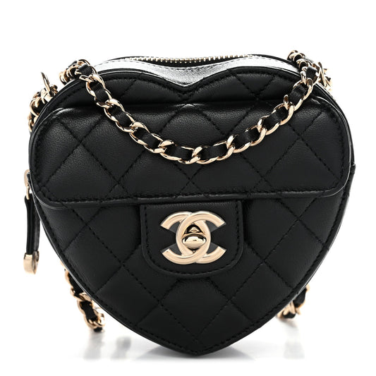 Lambskin Quilted CC In Love Heart Clutch With Chain Black