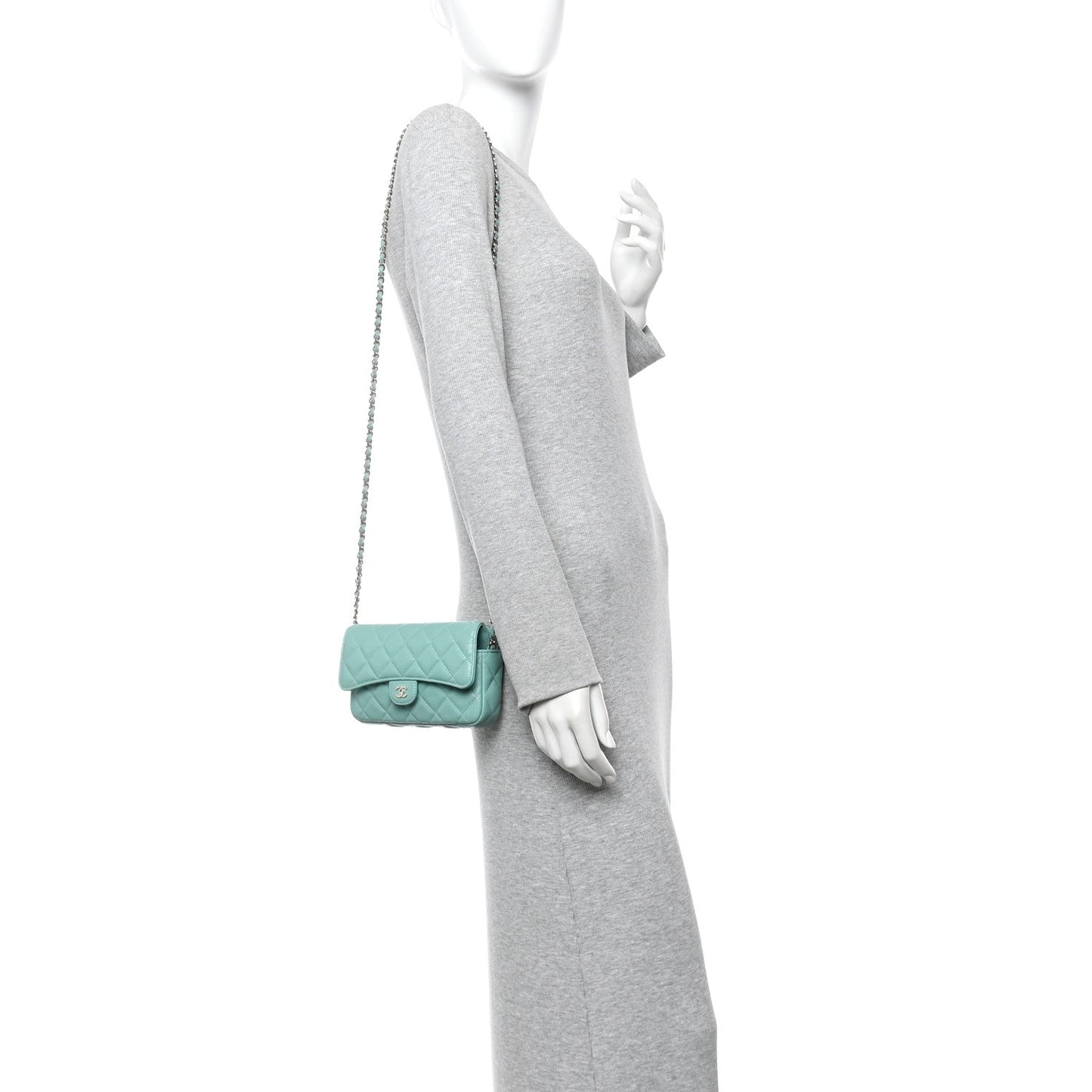 Caviar Quilted Flap Phone Holder With Chain Turquoise