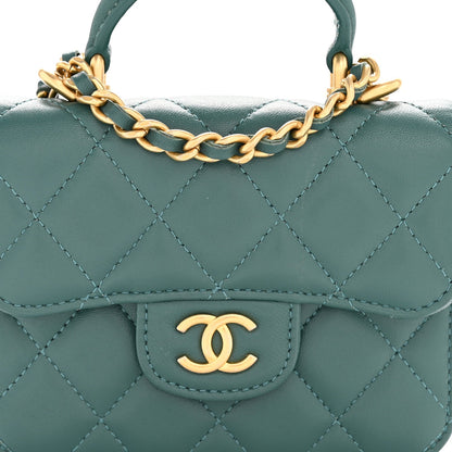 Lambskin Quilted Top Handle Flap Coin Purse With Chain Green