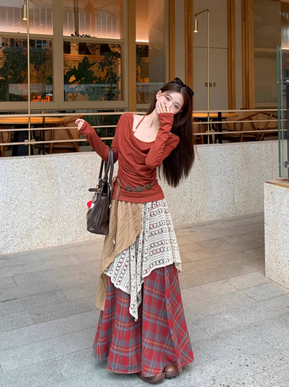 Fairy outfit two-piece suit design halter neck t-shirt fake two-piece plaid skirt suit R1699