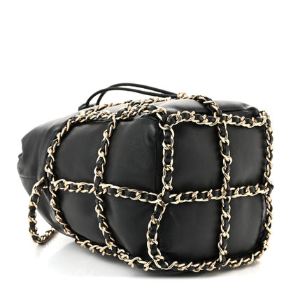 Lambskin Bucket Chain Drawstring Bag Black