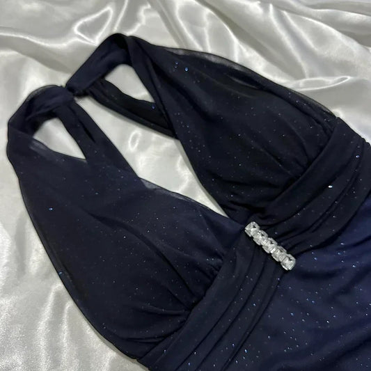 Vintage Gradient Navy Blue/Purple Exquisite Beaded Halter-neck Sheath Prom Dress Evening Dress TP4344