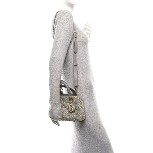 Calfskin Satin Celestial Bead Embroidery Embroidered Small Lady Dior Grey Multicolor