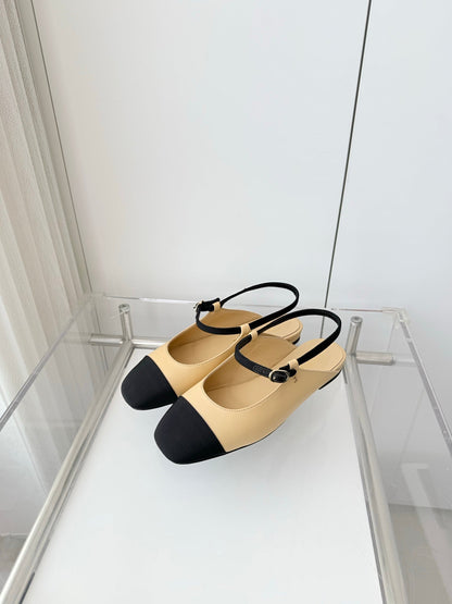 Chanel 26 Slingback Flats Beige Black in Lambskin 597389