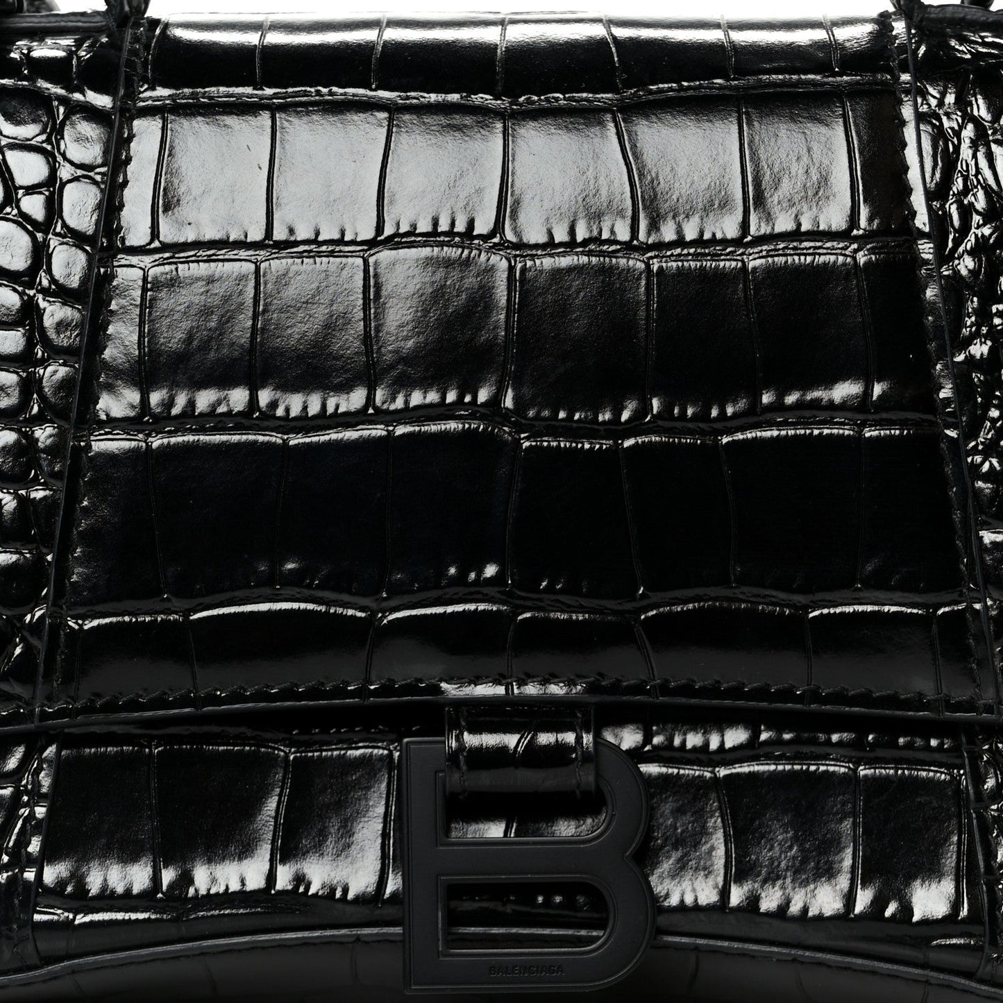 Shiny Calfskin Monochrome Crocodile Embossed Small Hourglass Top Handle Bag Black