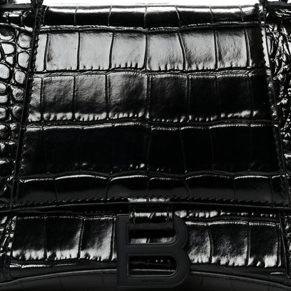 Shiny Calfskin Monochrome Crocodile Embossed Small Hourglass Top Handle Bag Black