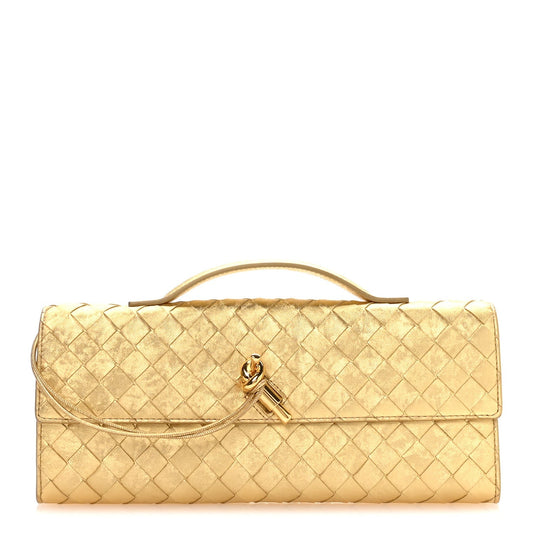 Metallic Lambskin Intrecciato Long Andiamo Top Handle Clutch Gold