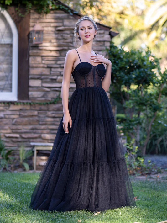 omberprom Corset Dotted Tulle Evening Dress Spaghetti Straps Floor Length Prom Dress
