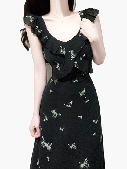 2025 Summer New Black Flying Sleeve Waisted Mid-Length Printed Fishtail Dress R0913