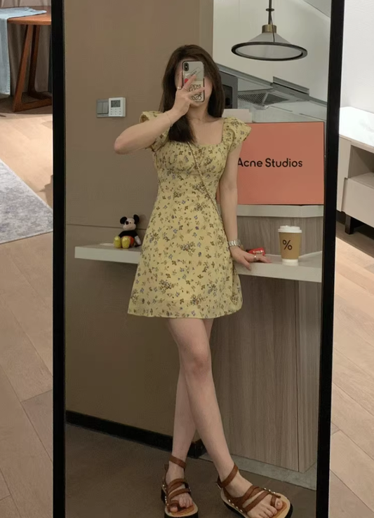 Dress long French style slim fit square collar flying sleeves A-line short skirt summer R2932