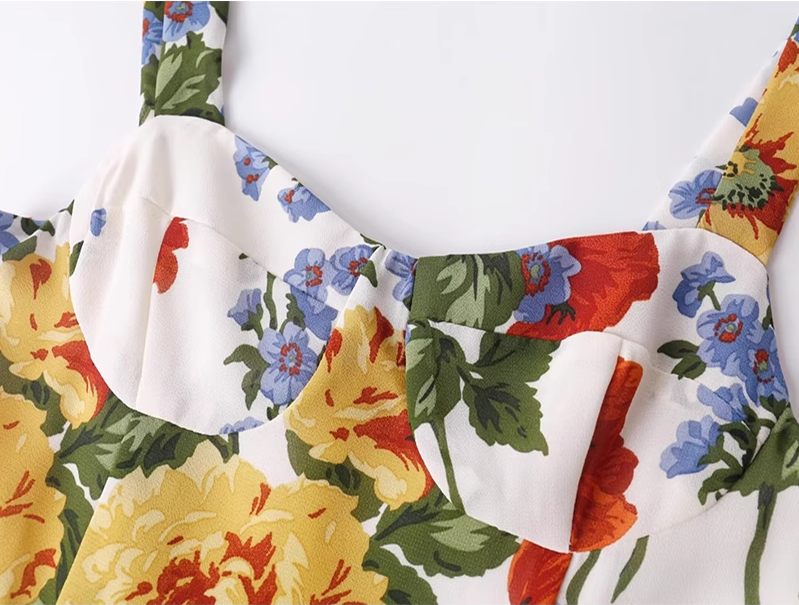2025 Summer New French Waist Sexy Printed Short Holiday Suspender Dress R0972