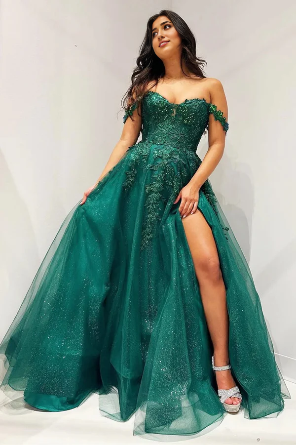 omberprom Glitter Emerald Evening Dress Appliques Off-the-Shoulder A-Line Long Prom Dress