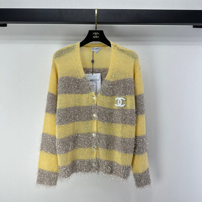 CC 26C Knit Long-Sleeve Cardigan Yellow Grey Stripes Wool Acrylic Nylon 349044