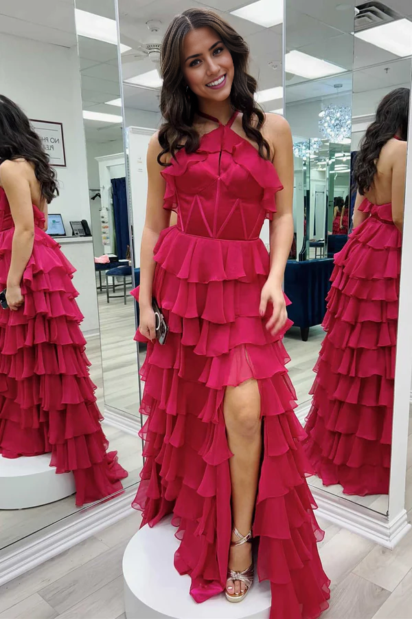 omberprom Elegant Evening Dress Halter Keyhole Ruffle Tiered Prom Dress with Slit