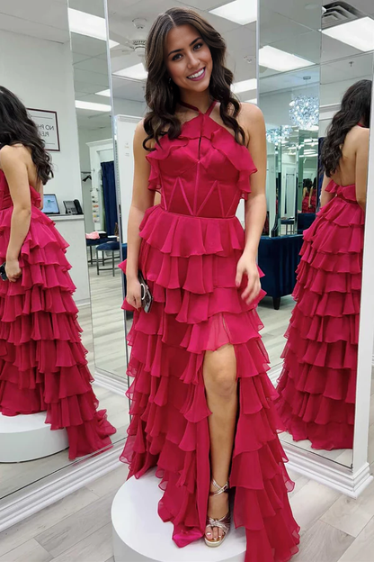 omberprom Elegant Evening Dress Halter Keyhole Ruffle Tiered Prom Dress with Slit
