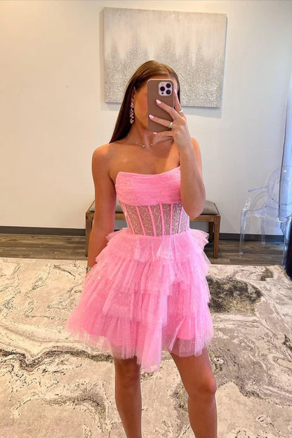 omberprom Charming Graduation Dresses Sparkly Strapless Multi-Layers Tulle Homecoming Dress