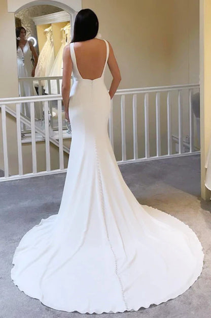 omberprom Elegant Deep V Open Back Mermaid Long Wedding Dress Simple Bridal Gown