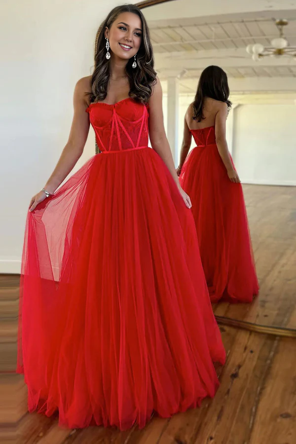 omberprom Elegant A Line Evening Dress Sweetheart Corset Tulle Prom Dress with Slit