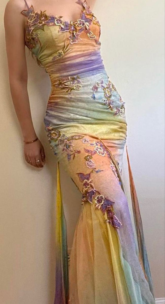 Colorful suspenders waist floral decoration hip sexy homecoming dress R3064