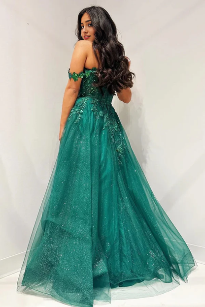 omberprom Glitter Emerald Evening Dress Appliques Off-the-Shoulder A-Line Long Prom Dress