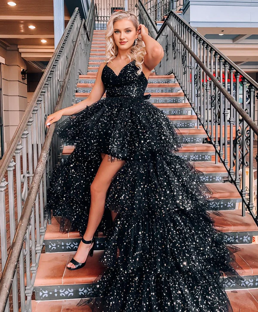omberprom A Line Evening Dress Spaghetti Straps Tiered Tulle High Low Prom Dress